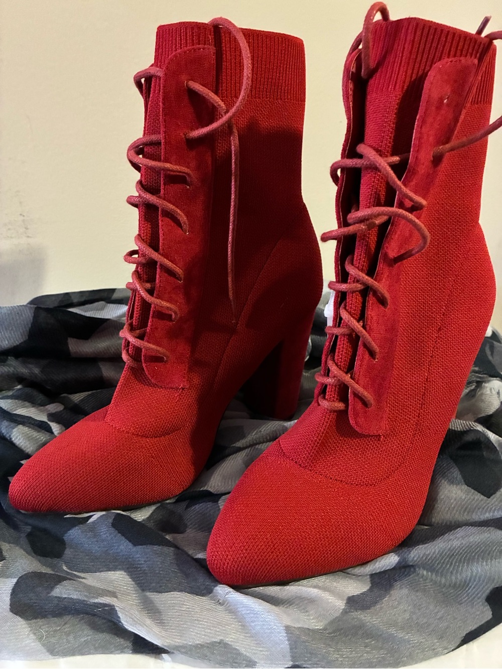 Red Lace-Up Knit Ankle Boots for Women NWOT